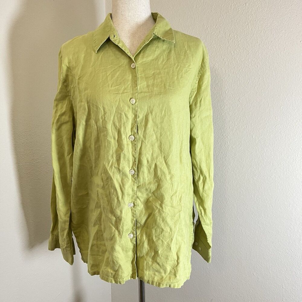 Jones New York Womens Green Yellow Linen Button Up Shirt Long Sleeve Top Size L
